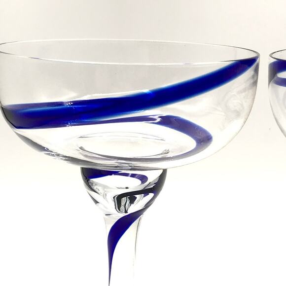 Vintage Pier 1 Blue Swirl Margarita Glasses Set of 2- Size 7" Tall x 5" Diameter - Picture 3 of 12